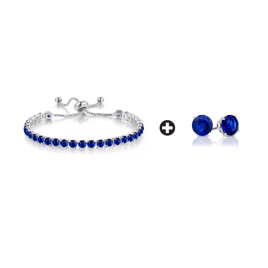 18k White Gold 6 Cttw Created Blue Sapphire Round Adjustable Tennis Plated Bracelet and Earrings Set