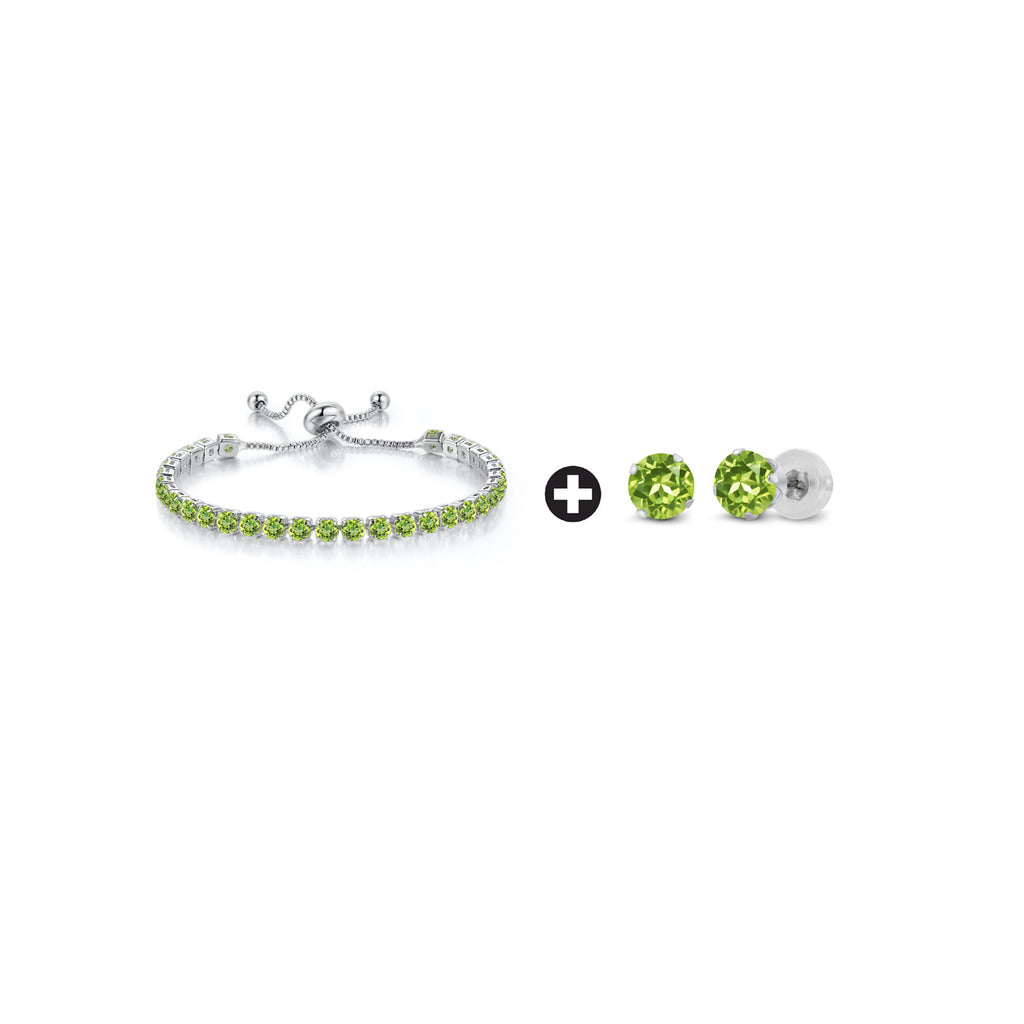 18k White Gold 6 Cttw Created Peridot Round Adjustable Tennis Plated Bracelet and Earrings Set