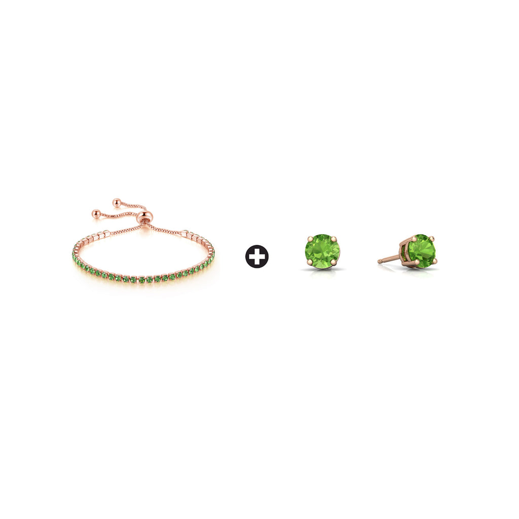 18k Rose Gold 6 Cttw Created Peridot Round Adjustable Tennis Plated Bracelet and Earrings Set