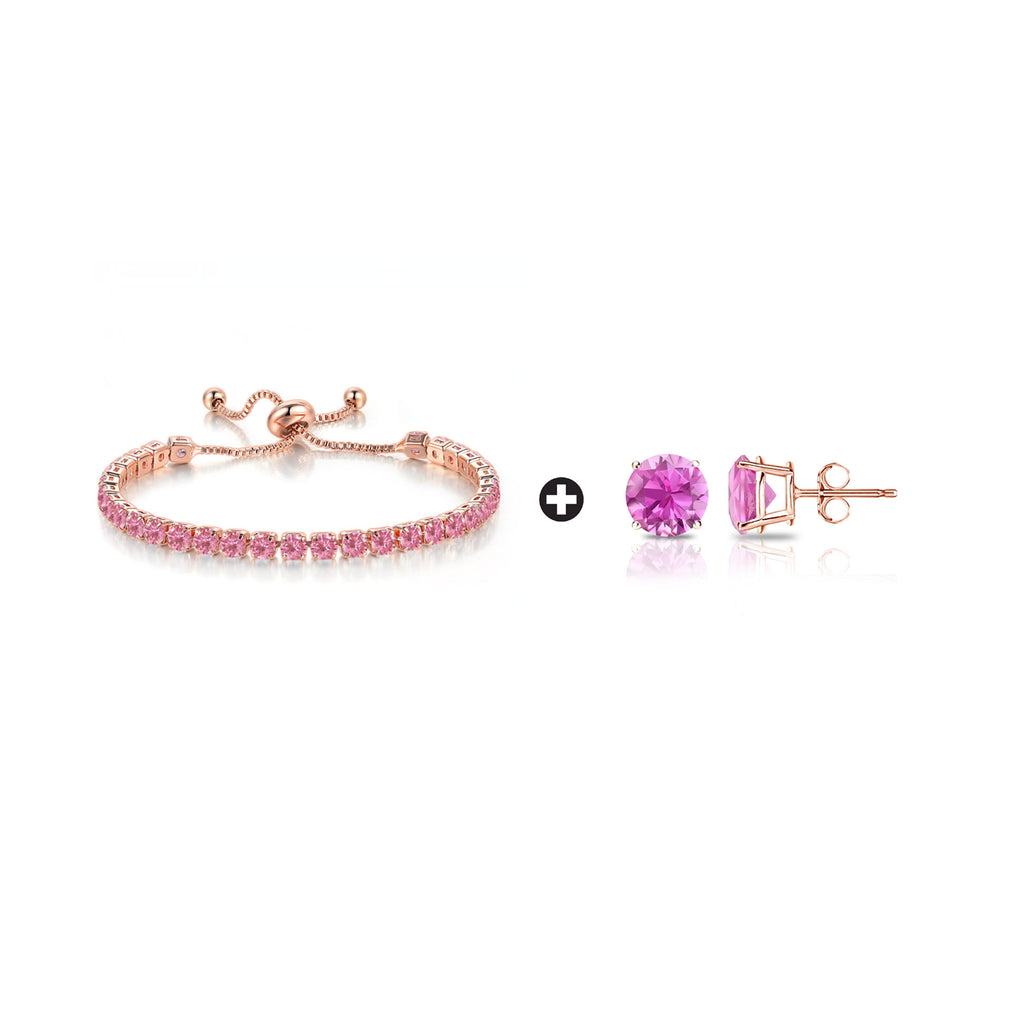 10k Rose Gold 7 Cttw Created Pink Sapphire Round Adjustable Tennis Plated Bracelet and Earrings Set