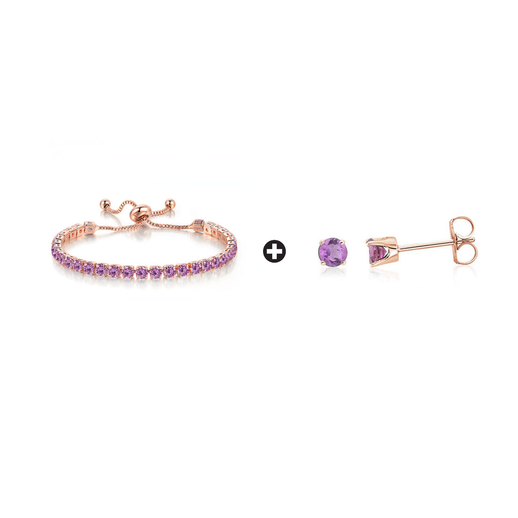 18k Rose Gold 6 Cttw Created Amethyst Round Adjustable Tennis Plated Bracelet and Earrings Set
