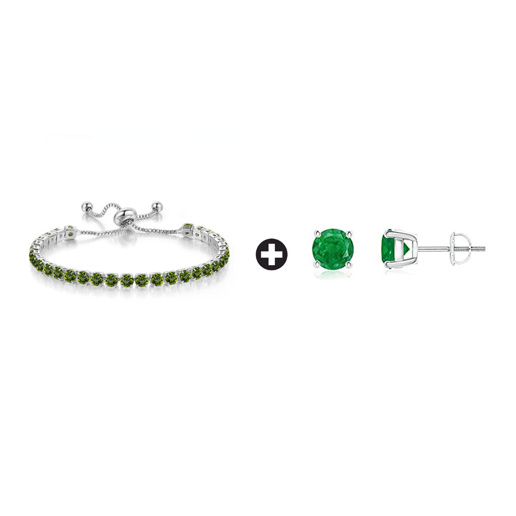 18k White Gold 6 Cttw Created Emerald Round Adjustable Tennis Plated Bracelet and Earrings Set