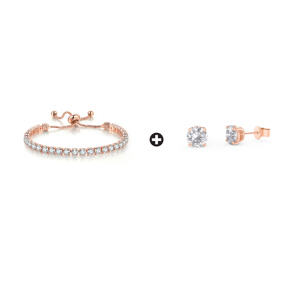 18k Rose Gold 6 Cttw Created White Sapphire Round Adjustable Tennis Plated Bracelet and Earrings Set