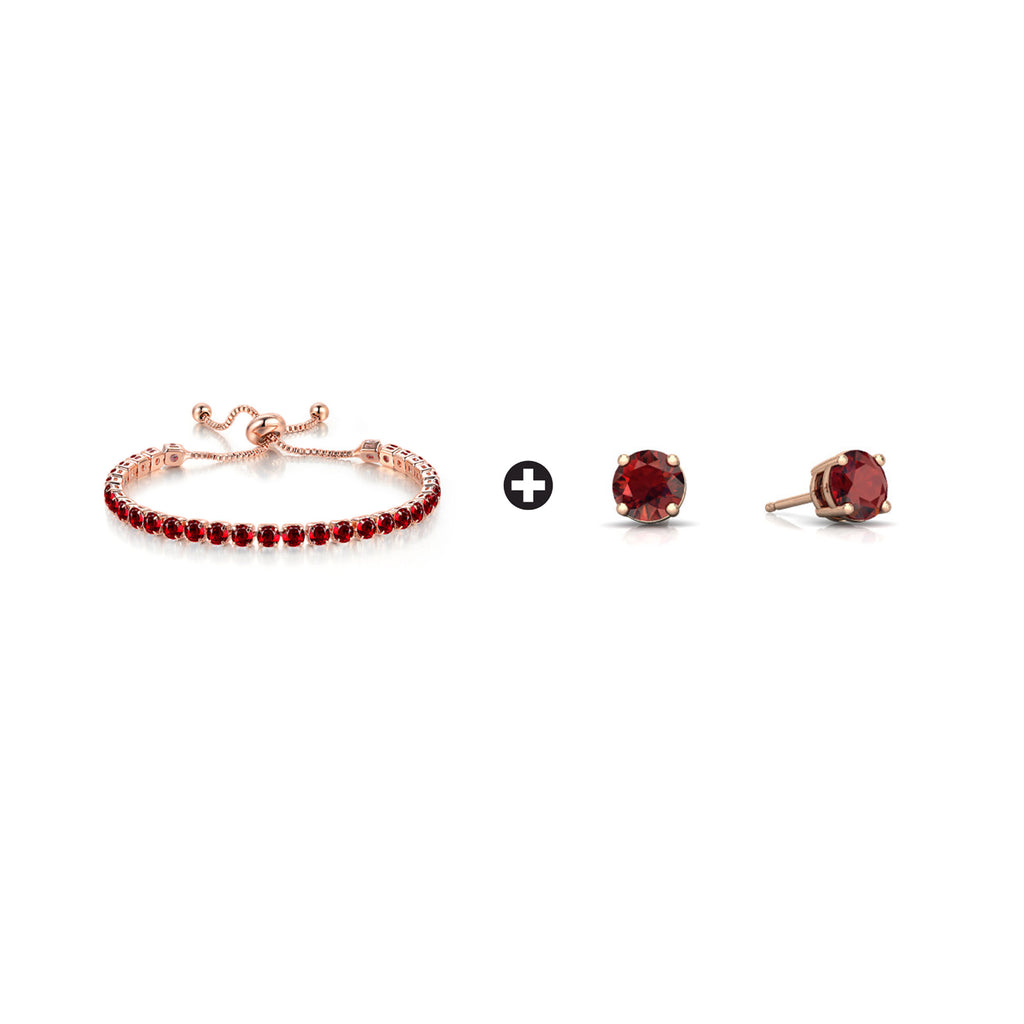 10k Rose Gold 7 Cttw Created Garnet Round Adjustable Tennis Plated Bracelet and Earrings Set