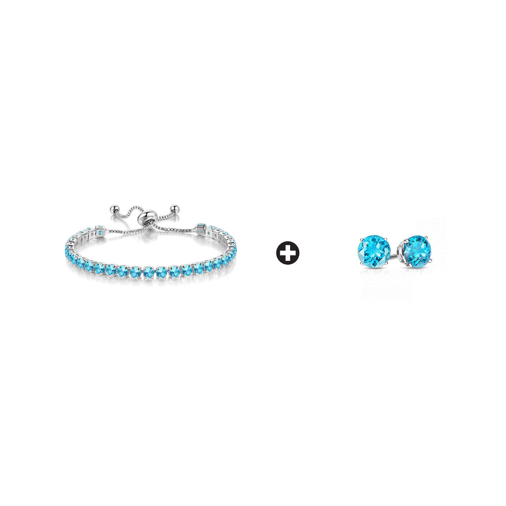 18k White Gold 6 Cttw Created Blue Topaz Round Adjustable Tennis Plated Bracelet and Earrings Set