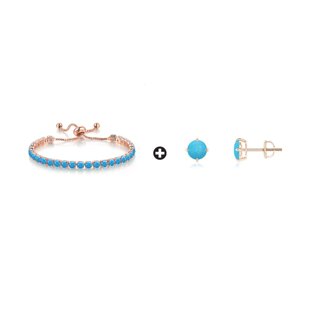 10k Rose Gold 7 Cttw Created Turquoise Round Adjustable Tennis Plated Bracelet and Earrings Set
