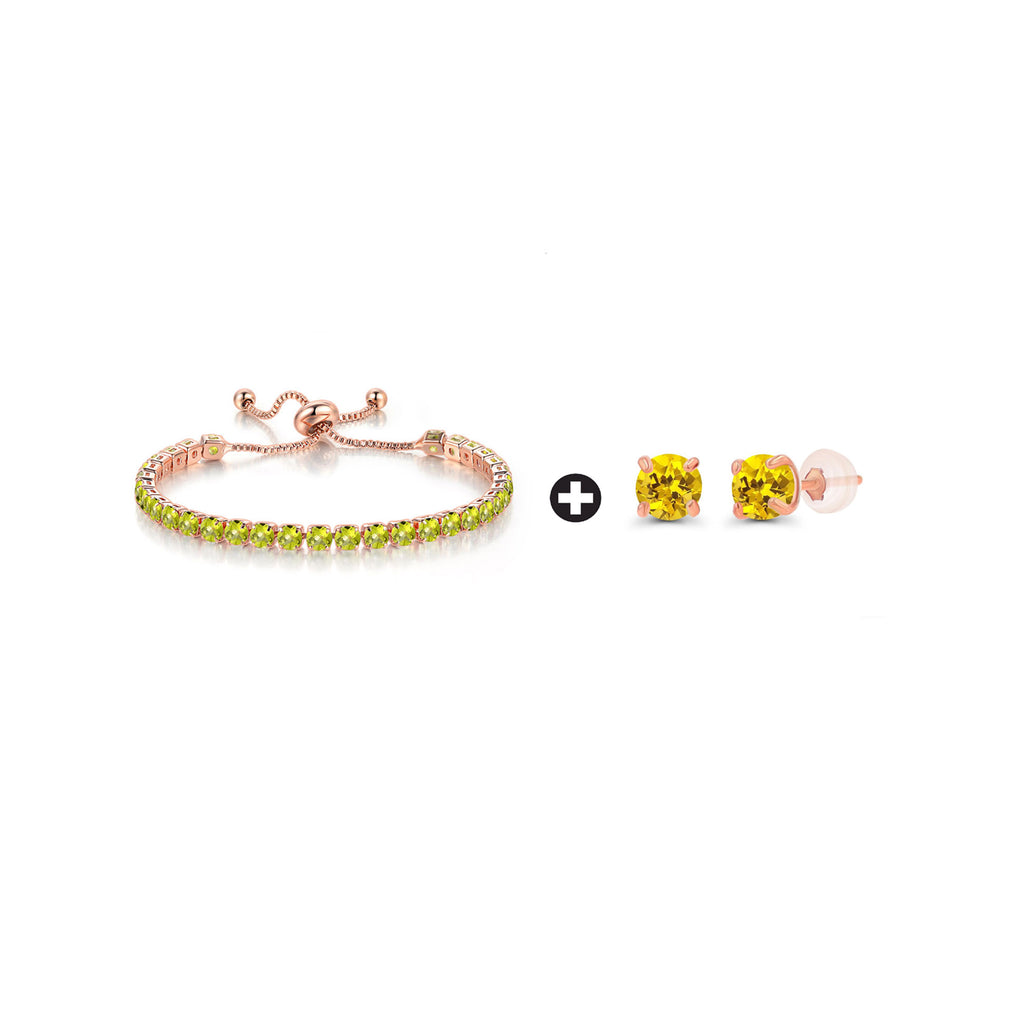 10k Rose Gold 6 Cttw Created Yellow Sapphire Round Adjustable Tennis Plated Bracelet and Earrings Set