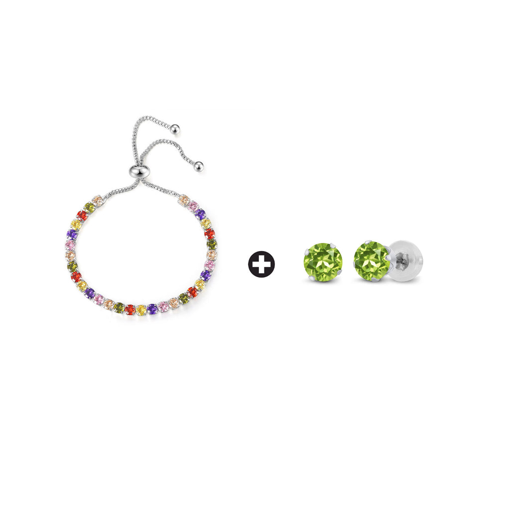 18k White Gold 6 Cttw Created Multi Color Round Adjustable Tennis Plated Bracelet and Earrings Set