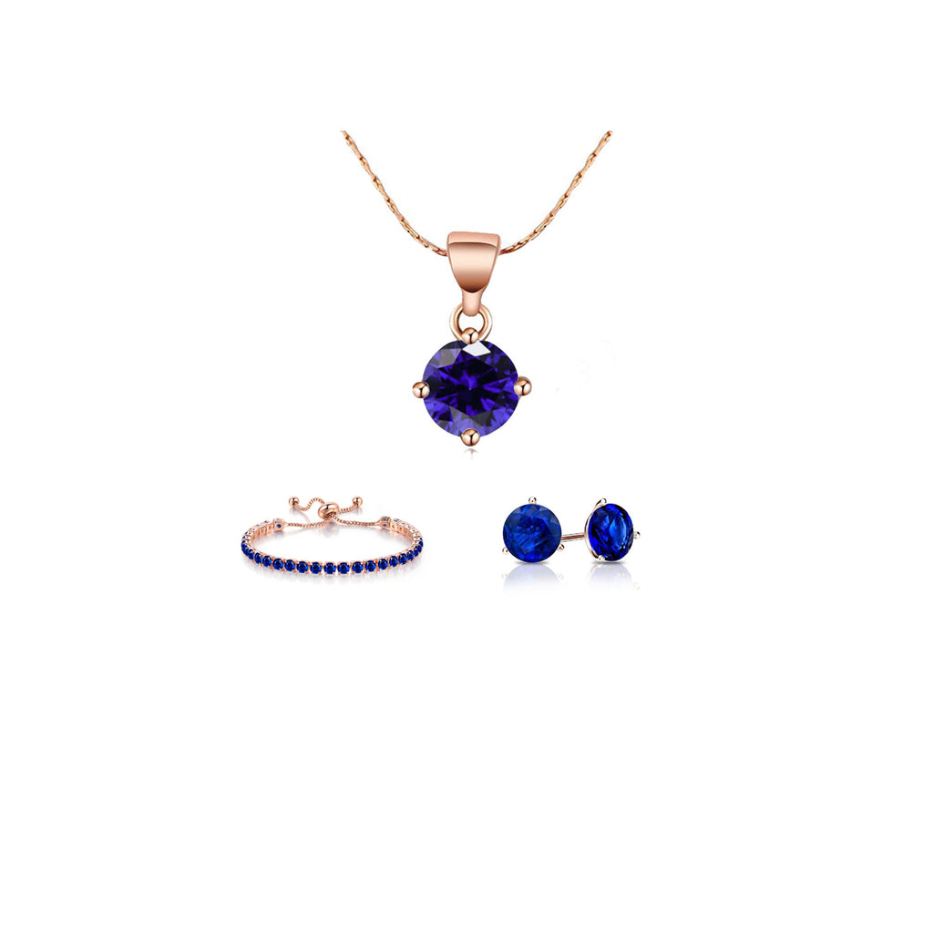 18k Rose Gold 6 Ct Round Created Blue Sapphire Set of Necklace, Earrings and Bracelet Plated