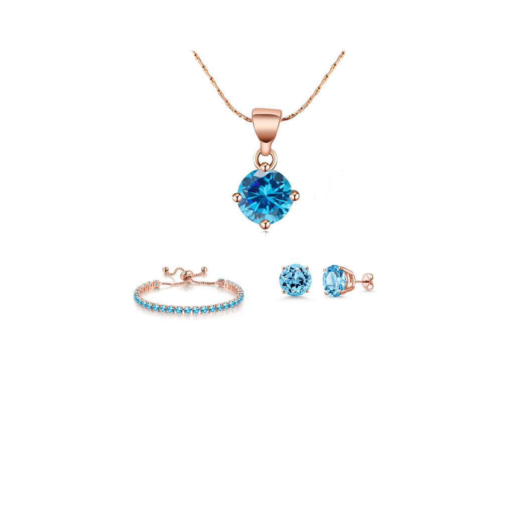 18k Rose Gold 6 Ct Round Created Blue Topaz Set of Necklace, Earrings and Bracelet Plated