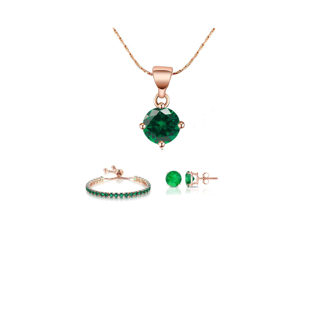 18k Rose Gold 6 Ct Round Created Emerald Set of Necklace, Earrings and Bracelet Plated