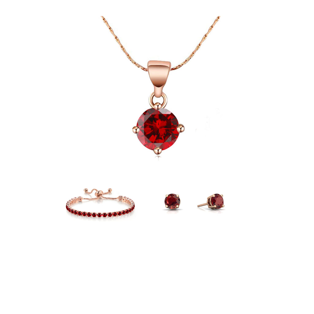 18k Rose Gold 6 Ct Round Created Garnet Set of Necklace, Earrings and Bracelet Plated