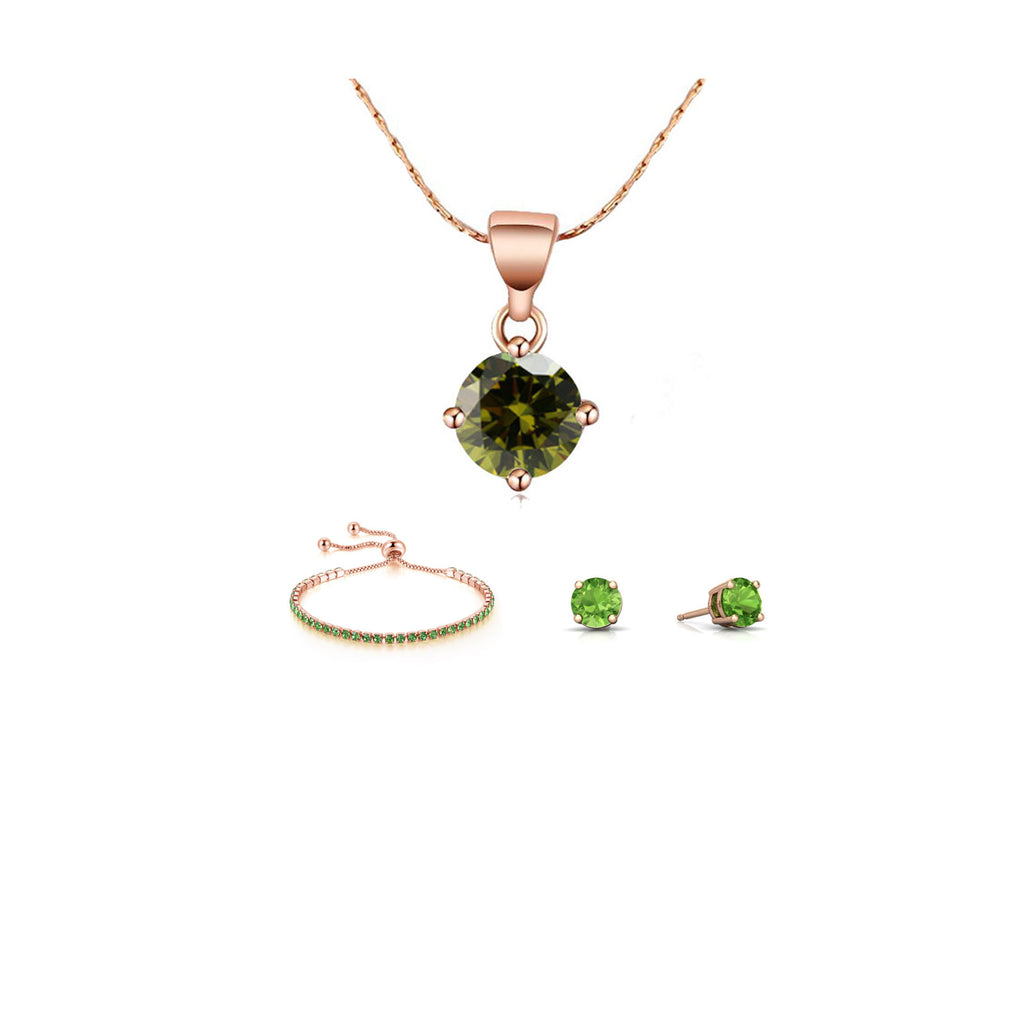 10k Rose Gold 7 Ct Round Created Peridot Set of Necklace, Earrings and Bracelet Plated