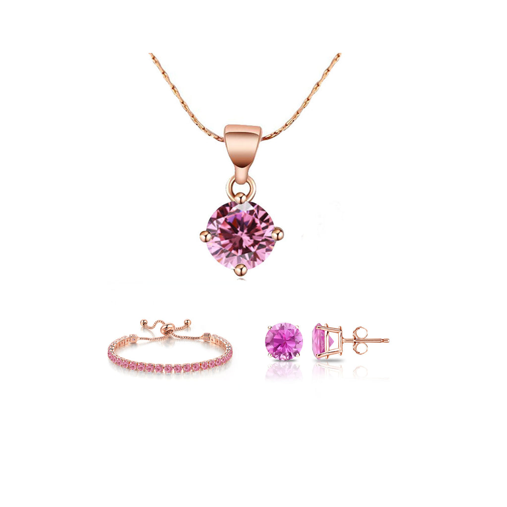 10k Rose Gold 7 Ct Round Created Pink Sapphire Set of Necklace, Earrings and Bracelet Plated