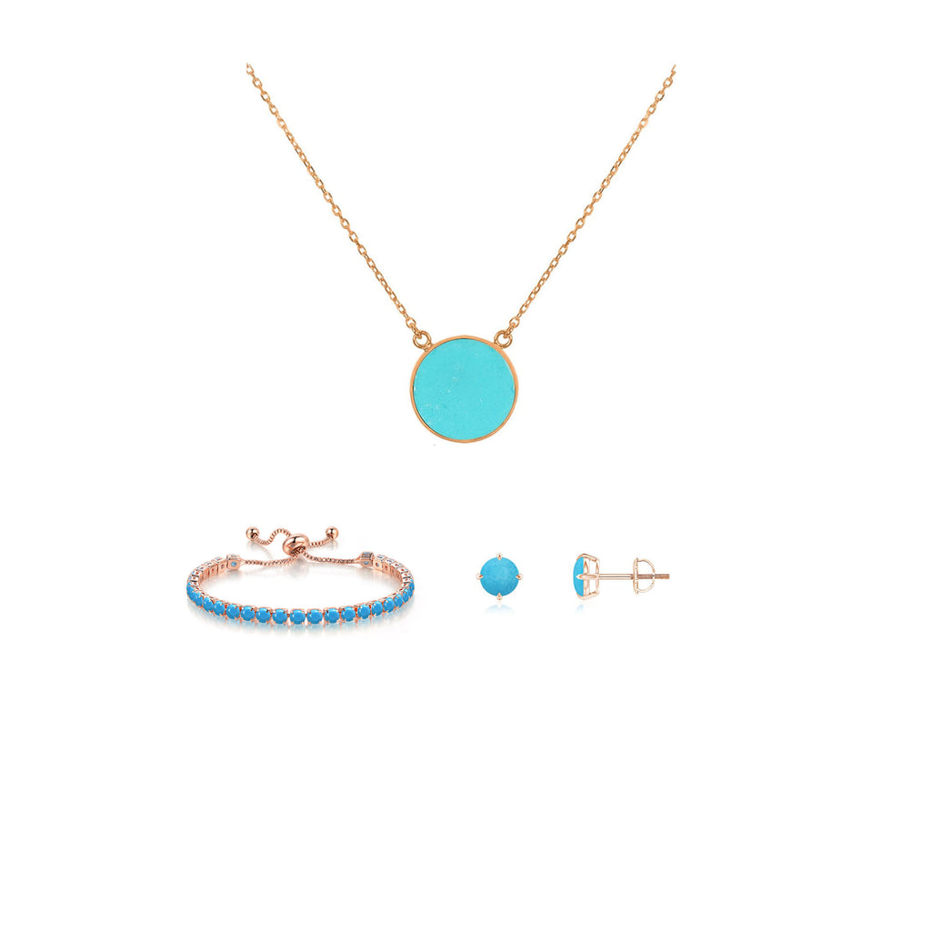 10k Rose Gold 7 Ct Round Created Turquoise Set of Necklace, Earrings and Bracelet Plated