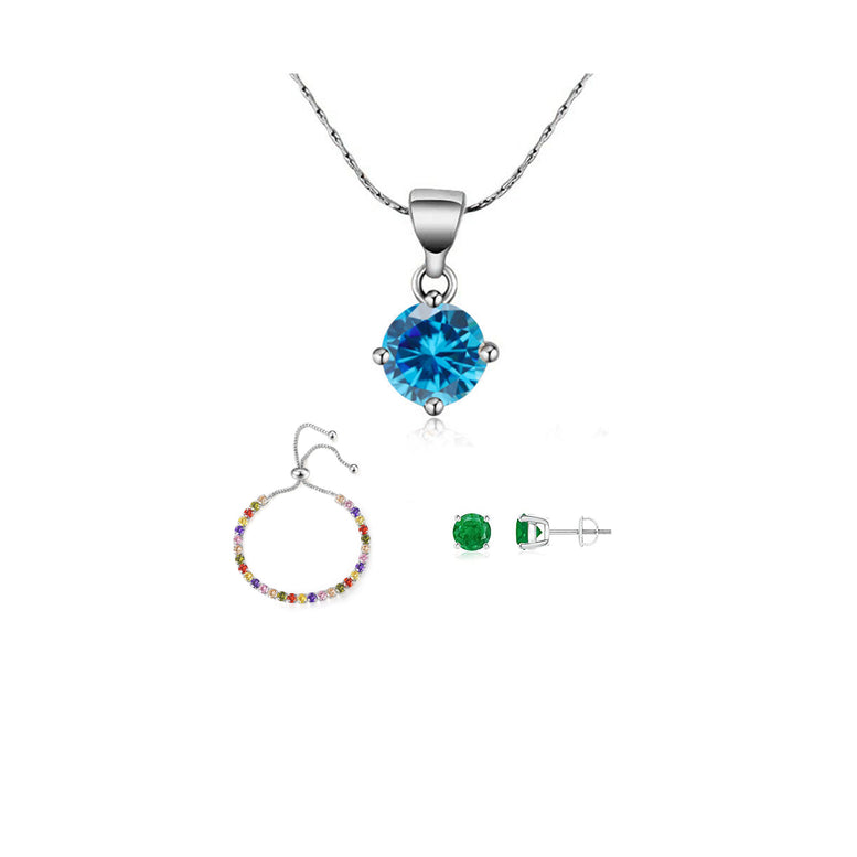 18k White Gold 6 Ct Round Created Multi Color Set of Necklace, Earrings and Bracelet Plated