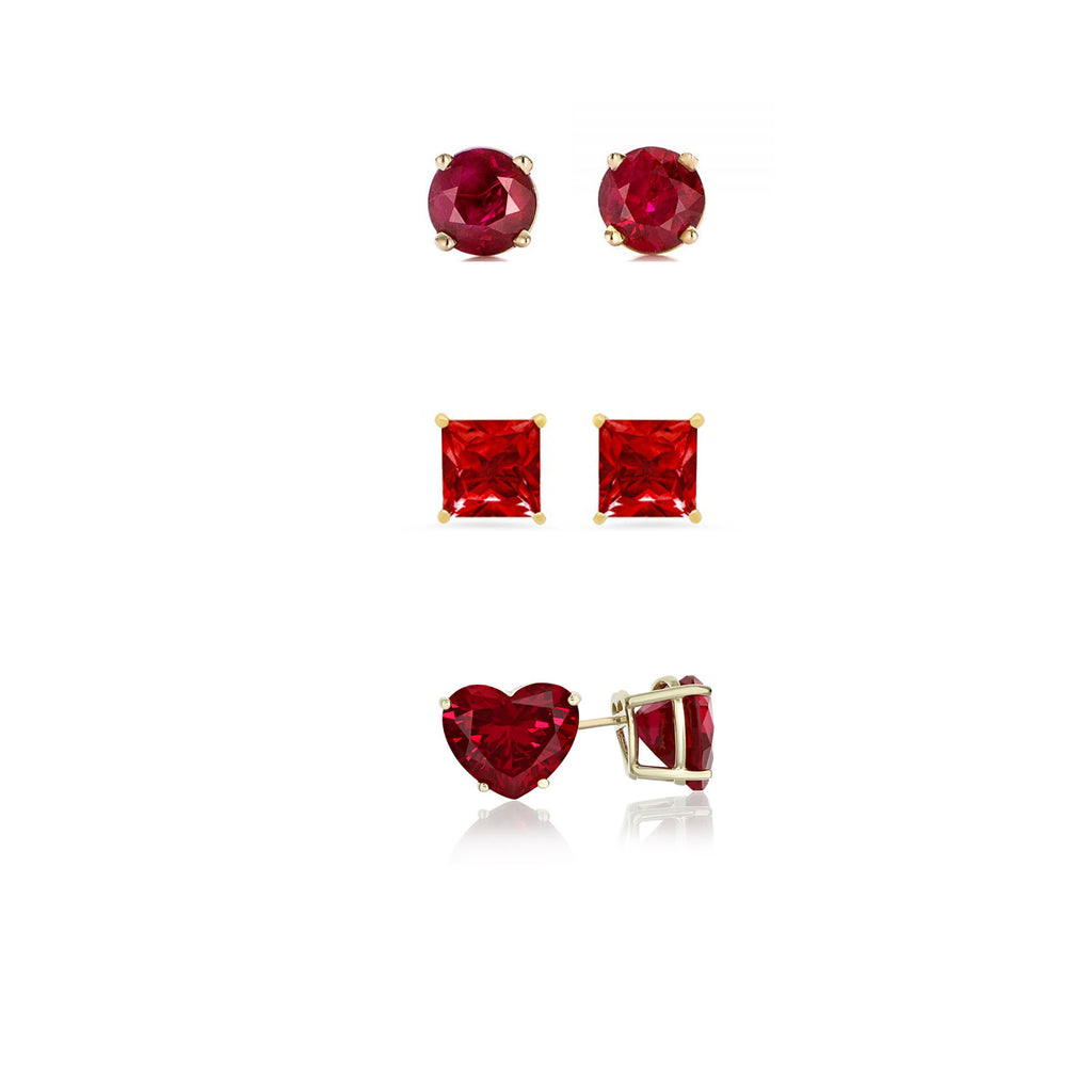 18k Yellow Gold Plated 1/4Ct 4mm Created Ruby 3 Pair Round, Square and Heart Stud Earrings