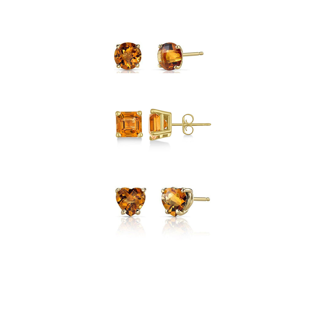 18k Yellow Gold Plated 1/4Ct 4mm Created Citrine 3 Pair Round, Square and Heart Stud Earrings