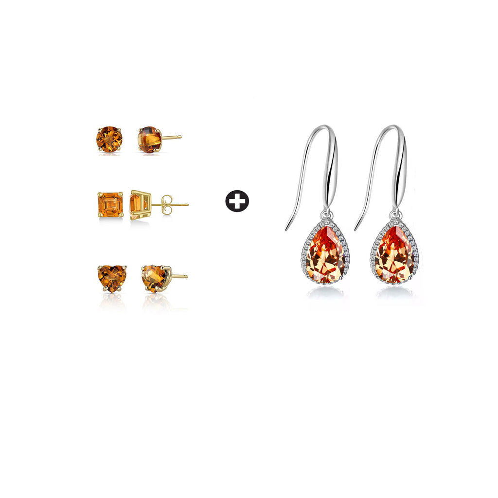 18k Yellow Gold Plated 1/4Ct Created Citrine 3 Pair Stud and Teardrop Earrings Plated