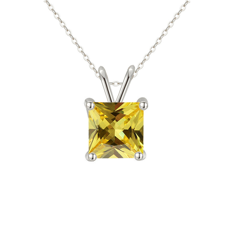 18K White Gold 1/2 Carat Created Citrine Princess Stud Necklace Plated 18 inch