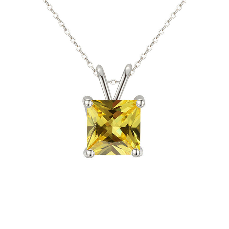 18K White Gold 4 Carat Created Citrine Princess Stud Necklace Plated 18 inch