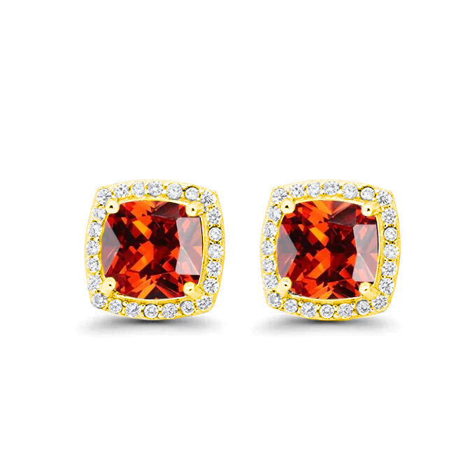 18k Yellow Gold Plated 1/4 Ct Created Halo Princess Cut Ruby Stud Earrings 4mm