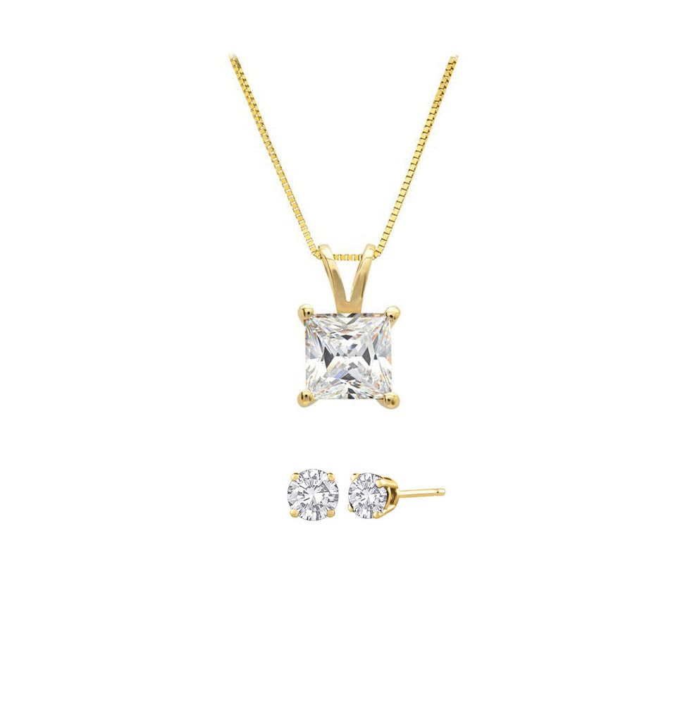 18K Yellow Gold 1ct White Sapphire Princess Cut 18 Inch Necklace and Round Earrings Set Plated