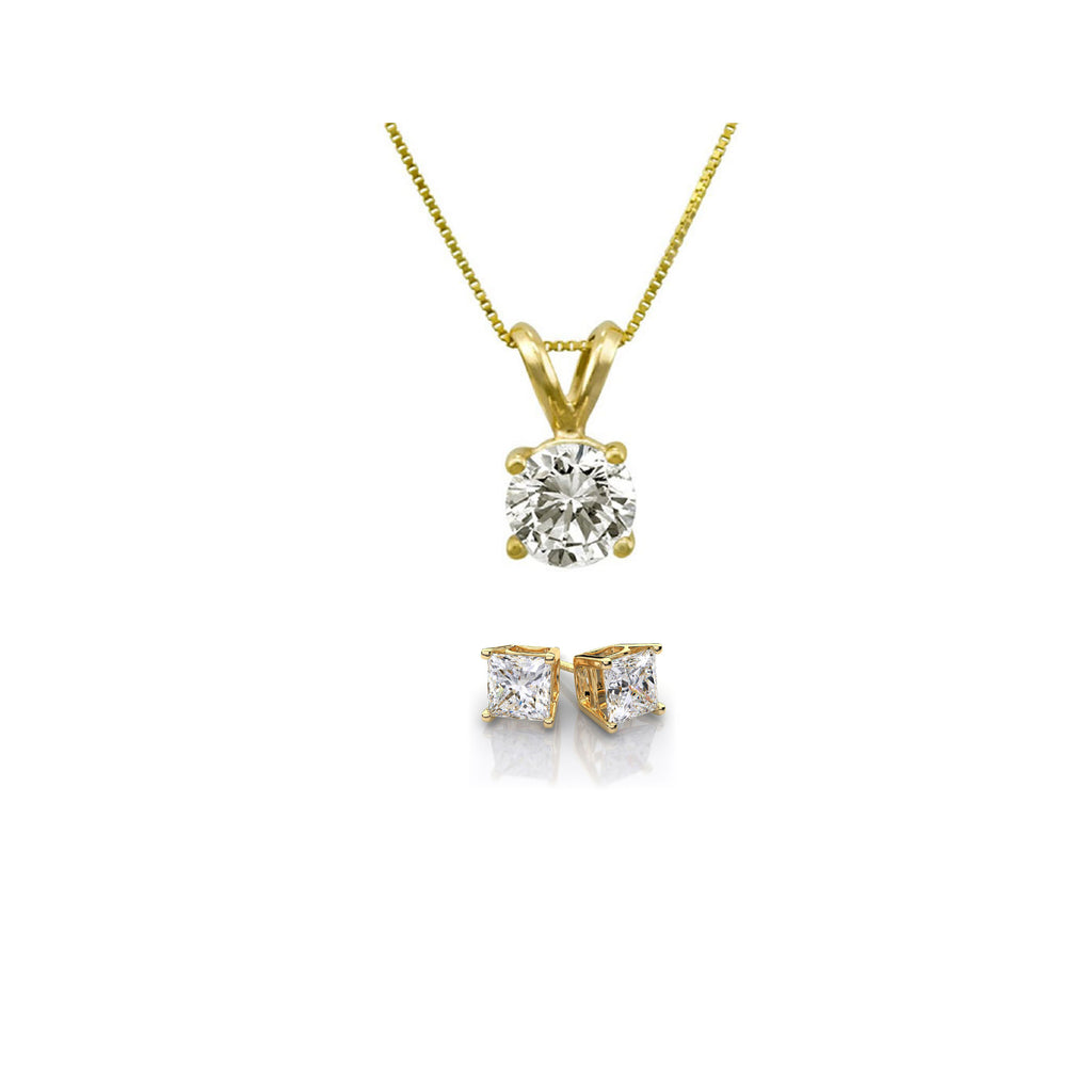 18K Yellow Gold 2ct White Sapphire Round 18 Inch Necklace and Princess Cut Earrings Set Plated