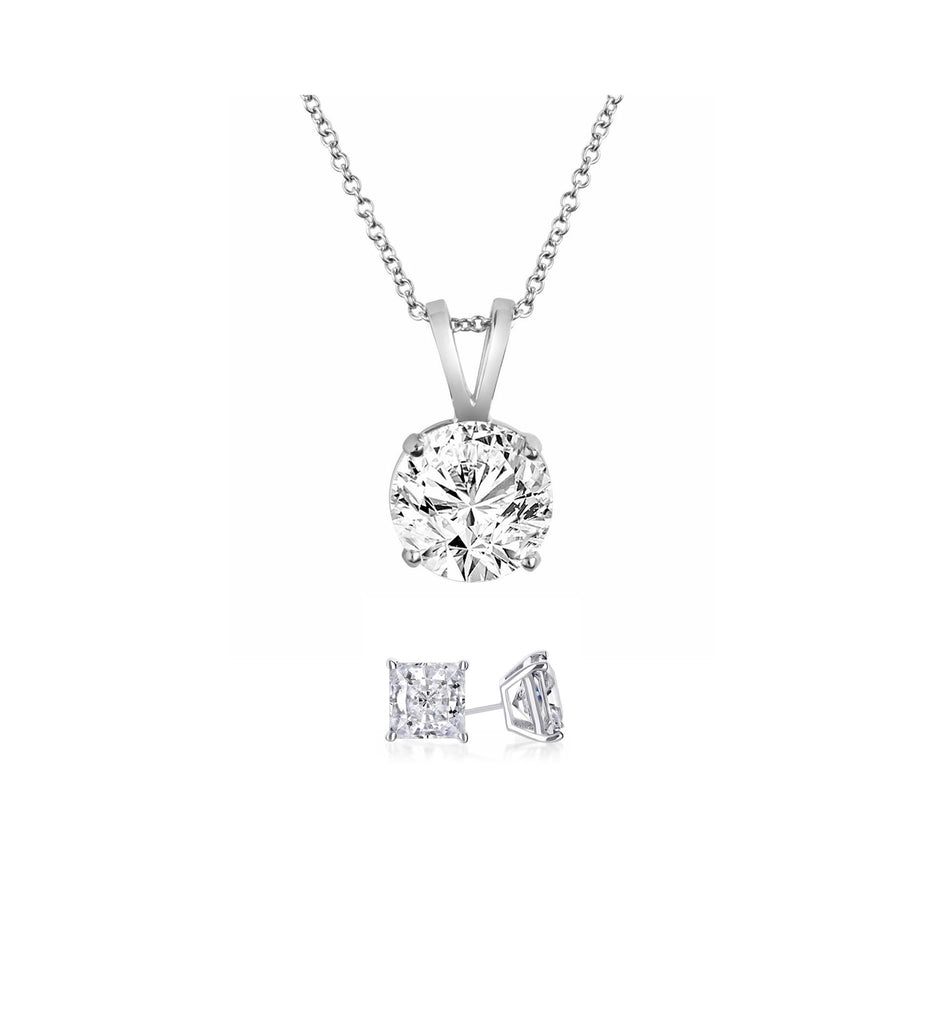 18K White Gold 2ct White Sapphire Round 18 Inch Necklace and Princess Cut Earrings Set Plated