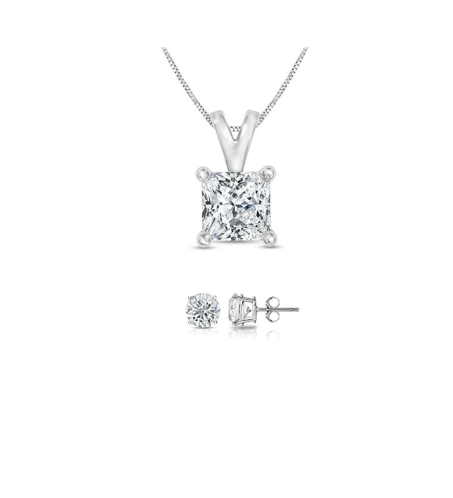 18K White Gold 2ct White Sapphire Princess Cut 18 Inch Necklace and Round Earrings Set Plated