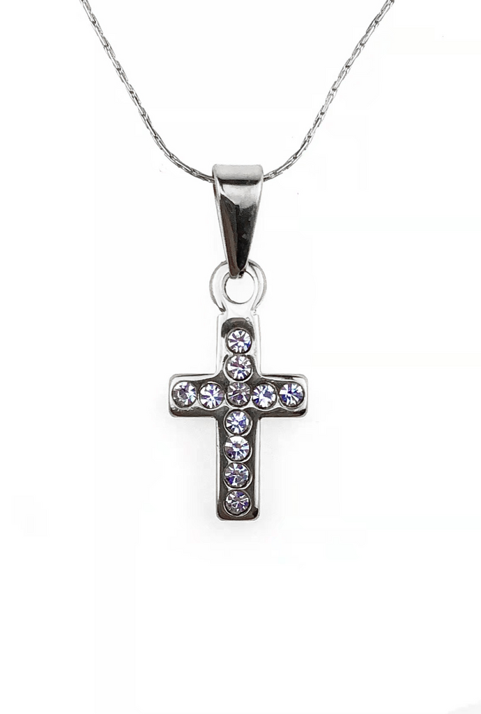 18K White Gold 1 ct Created Diamond Cross Stud Necklace Plated 18 inch