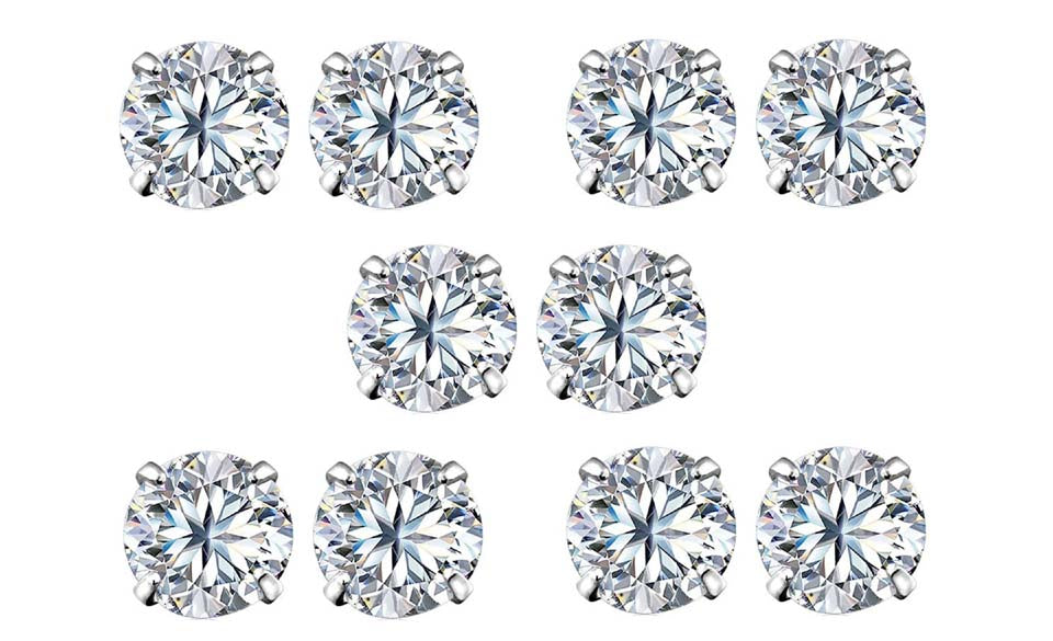 18k White Gold Plated 1/2Ct Round White Sapphire Set Of Five Stud Earrings
