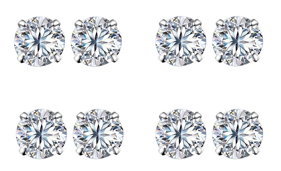 18k White Gold Plated 4mm 2Ct Round White Sapphire Set Of Four Stud Earrings
