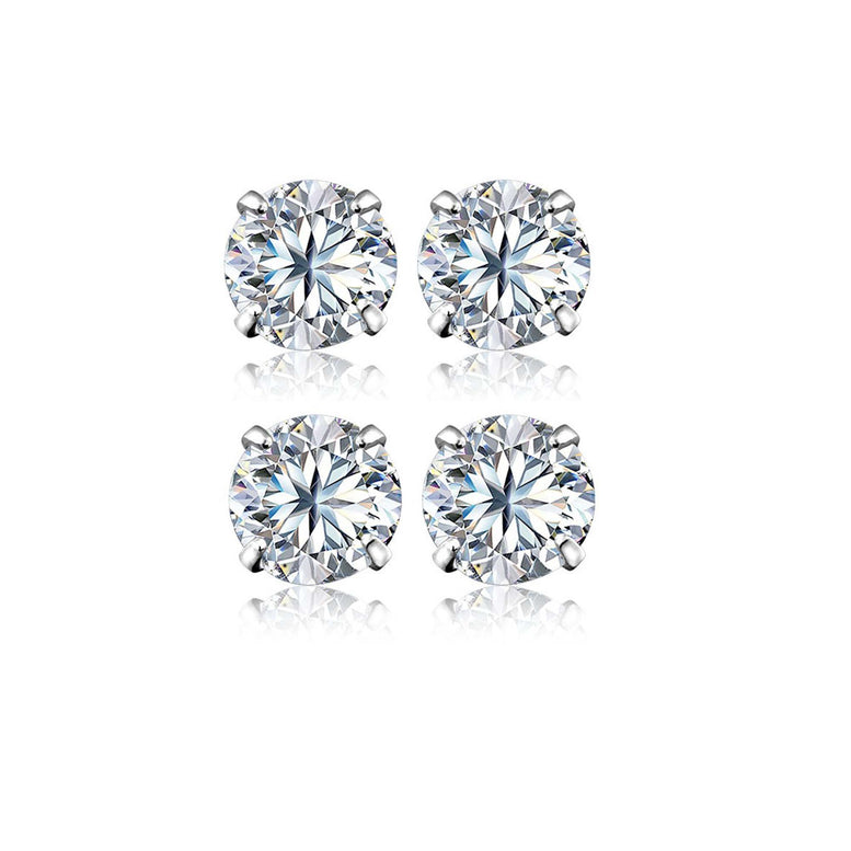 18k White Gold Plated 6mm 3Ct Round White Sapphire Set Of Two Stud Earrings