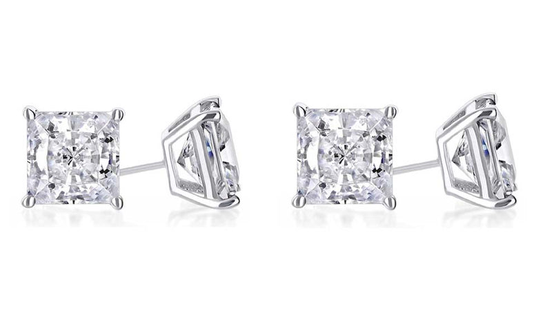 18k White Gold Plated 4mm 1Ct Princess Cut White Sapphire Set Of Two Stud Earrings