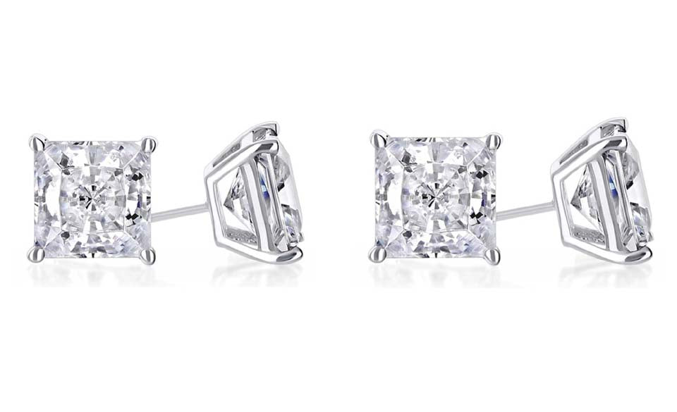14k White Gold Plated 4mm 1/2Ct Princess Cut White Sapphire Set Of Two Stud Earrings