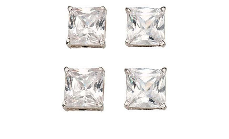 14k White Gold Plated 6mm 1/2Ct Square Cut White Sapphire Set Of Two Stud Earrings