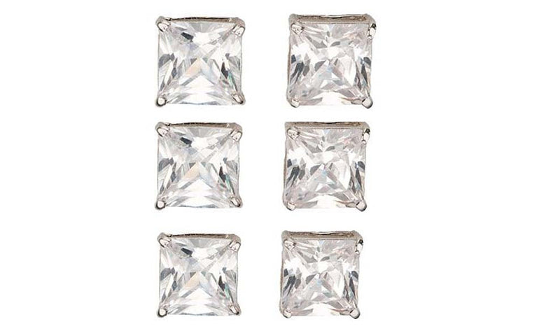 14k White Gold Plated 6mm 4Ct Square Cut White Sapphire Set Of Three Stud Earrings