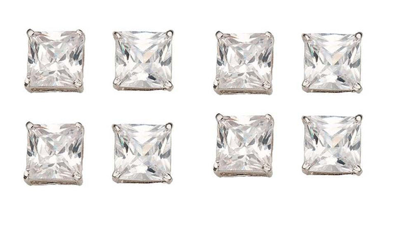 14k White Gold Plated 6mm 1/2Ct Square Cut White Sapphire Set Of Four Stud Earrings