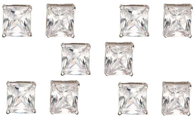 14k White Gold Plated 6Ct Square Cut White Sapphire Set Of Five Stud Earrings