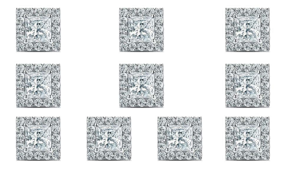 14k White Gold Plated 1/2Ct Princess Cut White Sapphire Set of Five Halo Stud Earrings