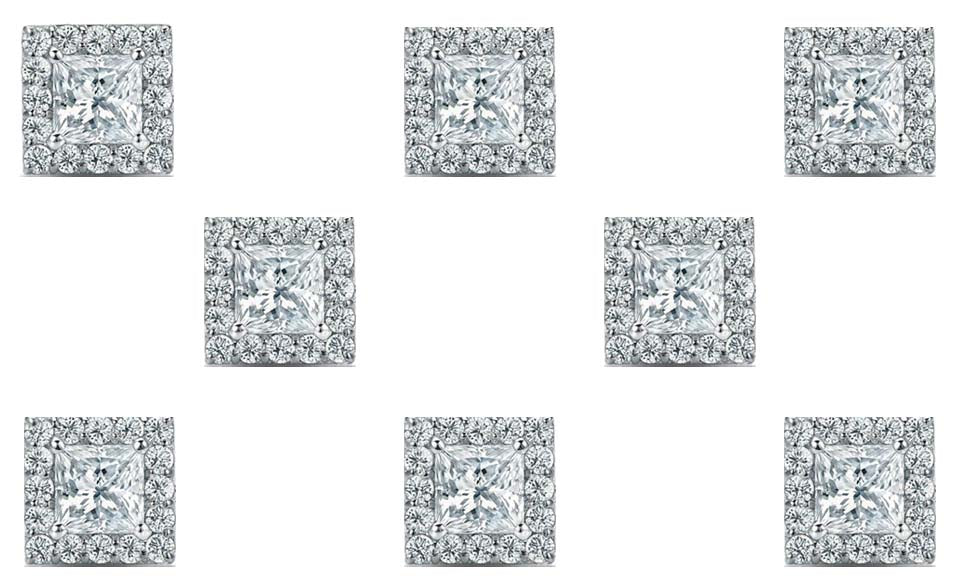 14k White Gold Plated 1/2Ct Princess Cut White Sapphire Set of Four Halo Stud Earrings