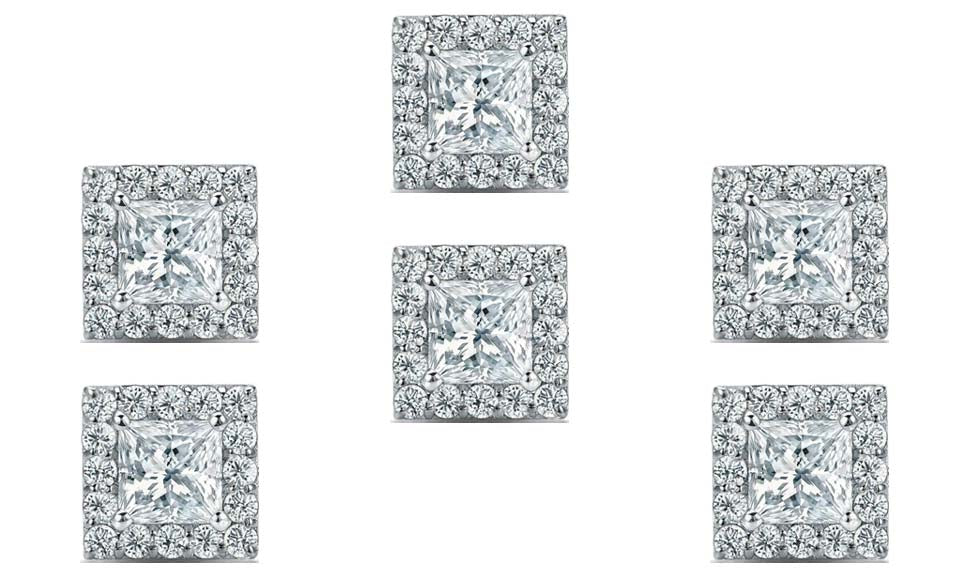 14k White Gold Plated 1/2Ct Princess Cut White Sapphire Set of Three Halo Stud Earrings