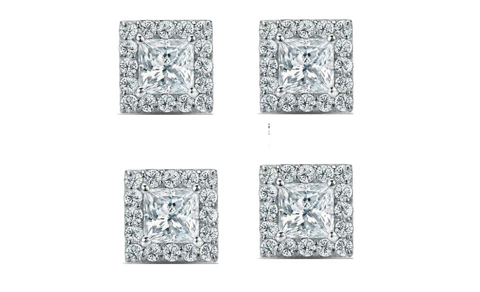 14k White Gold Plated 1/2Ct Princess Cut White Sapphire Set of Two Halo Stud Earrings