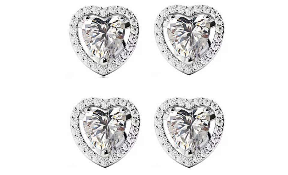 14k White Gold Plated 1/2Ct Heart White Sapphire Set of Two Halo Stud Earrings