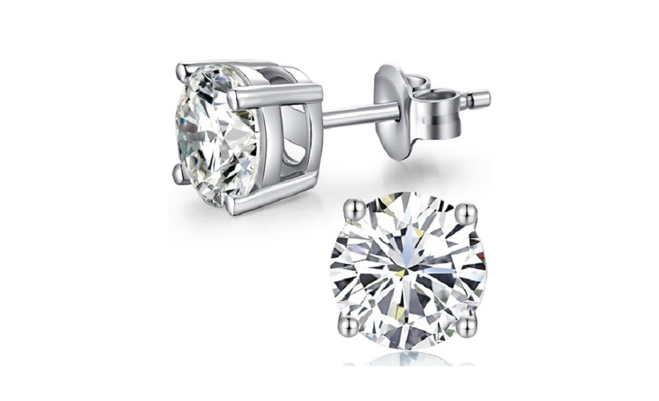 10k White Gold Plated Created White Sapphire 1Ct Round Stud Earrings