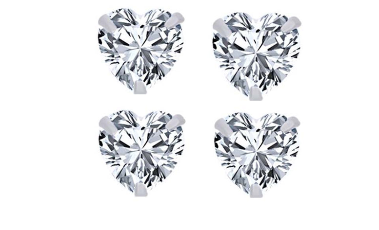 14k White Gold Plated 4mm 1/2Ct Heart White Sapphire Set Of Two Stud Earrings