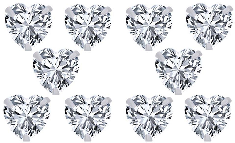 14k White Gold Plated 4mm 2Ct Heart White Sapphire Set Of Five Stud Earrings