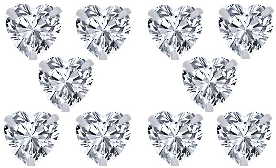 18k White Gold Plated 6mm 3Ct Heart White Sapphire Set Of Five Stud Earrings