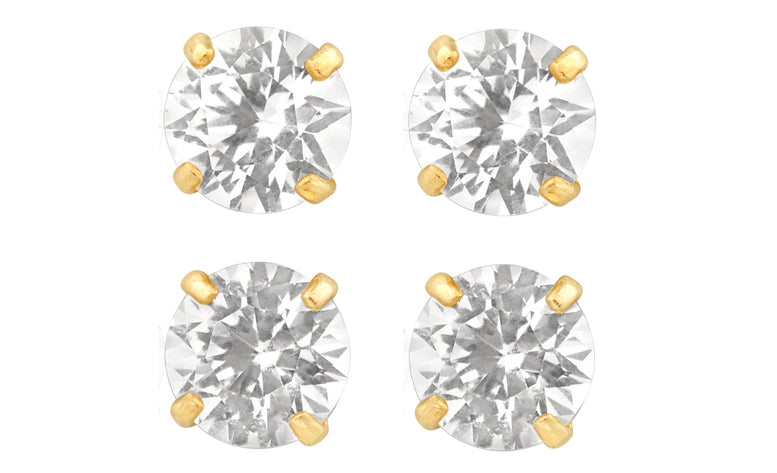 14k Yellow Gold Plated 6mm 1/2Ct Round White Sapphire Set Of Two Stud Earrings